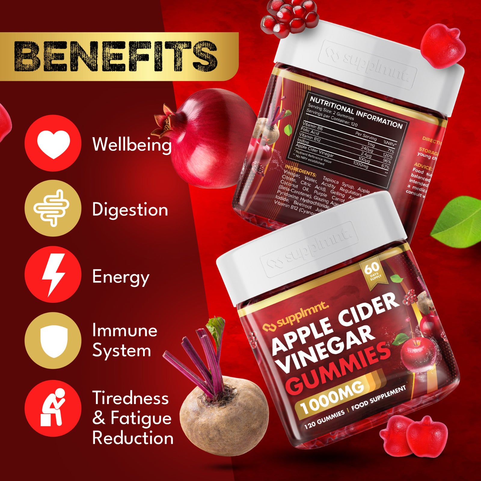 supplmnt. Apple Cider Vinegar Gummies – 1000mg ACV, B6, B12, Folic Acid, Pomegranate & Beetroot – Red Apple Flavour – 120 Vegan Gummies (60-Day Supply)
