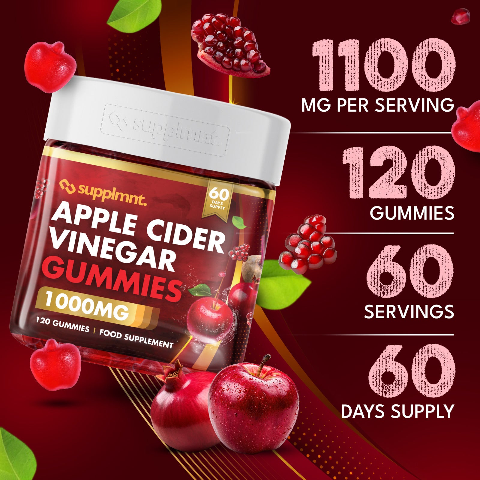 supplmnt. Apple Cider Vinegar Gummies – 1000mg ACV, B6, B12, Folic Acid, Pomegranate & Beetroot – Red Apple Flavour – 120 Vegan Gummies (60-Day Supply)