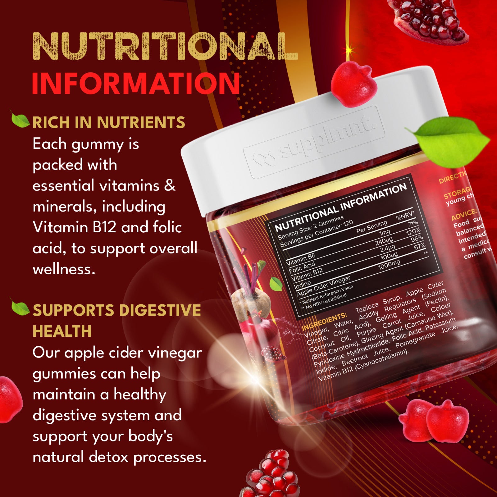 supplmnt. Apple Cider Vinegar Gummies – 1000mg ACV, B6, B12, Folic Acid, Pomegranate & Beetroot – Red Apple Flavour – 120 Vegan Gummies (60-Day Supply)