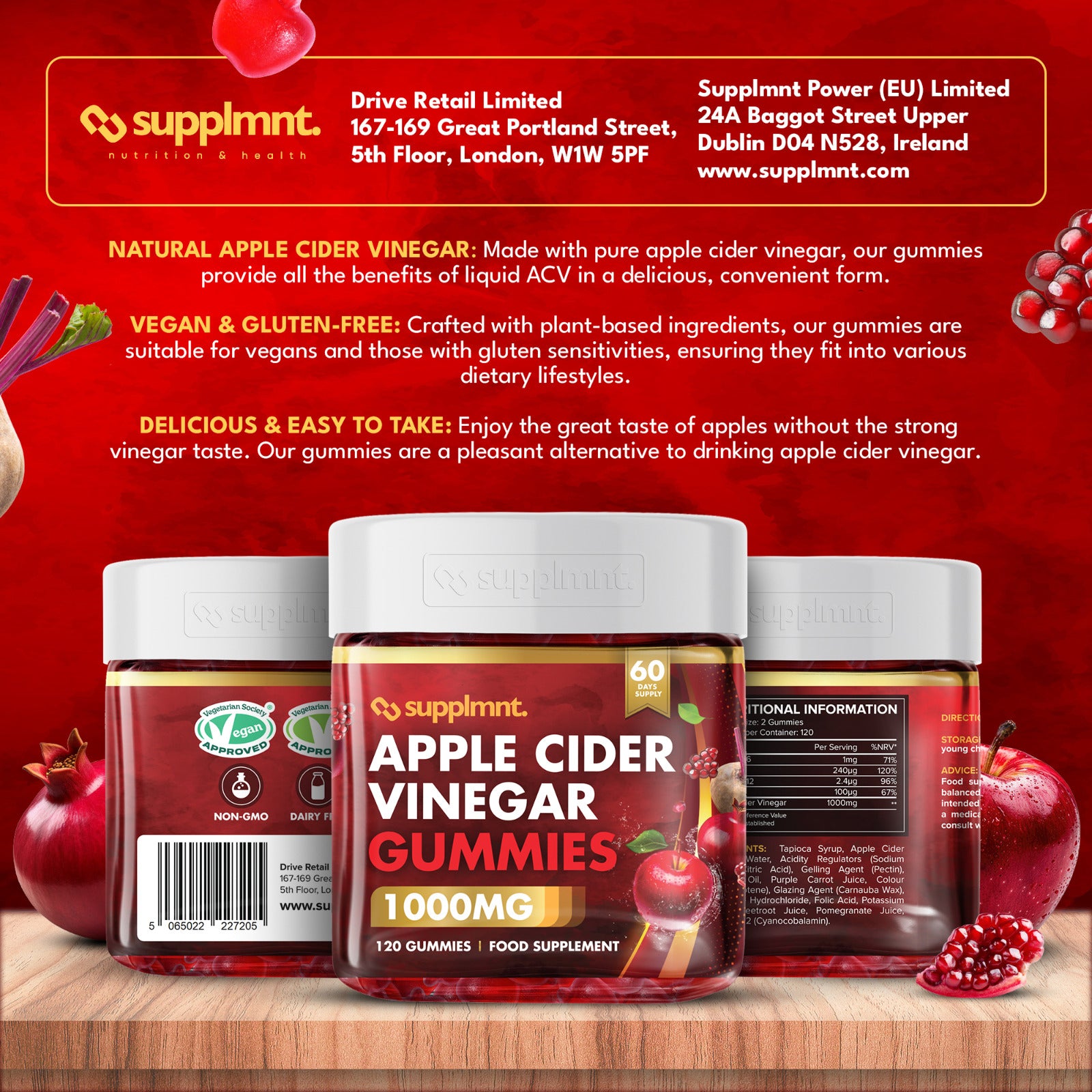 supplmnt. Apple Cider Vinegar Gummies – 1000mg ACV, B6, B12, Folic Acid, Pomegranate & Beetroot – Red Apple Flavour – 120 Vegan Gummies (60-Day Supply)