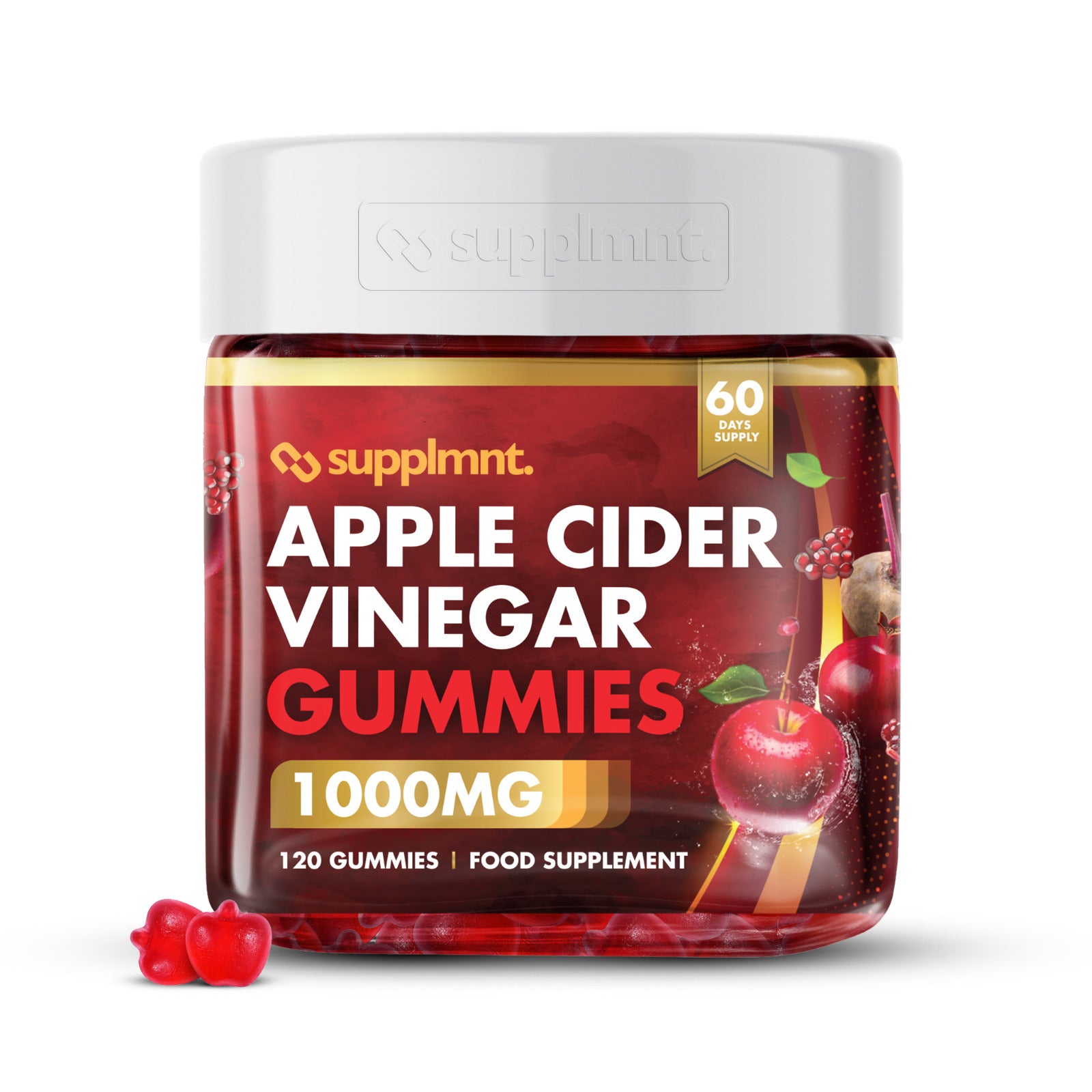 supplmnt. Apple Cider Vinegar Gummies – 1000mg ACV, B6, B12, Folic Acid, Pomegranate & Beetroot – Red Apple Flavour – 120 Vegan Gummies (60-Day Supply)