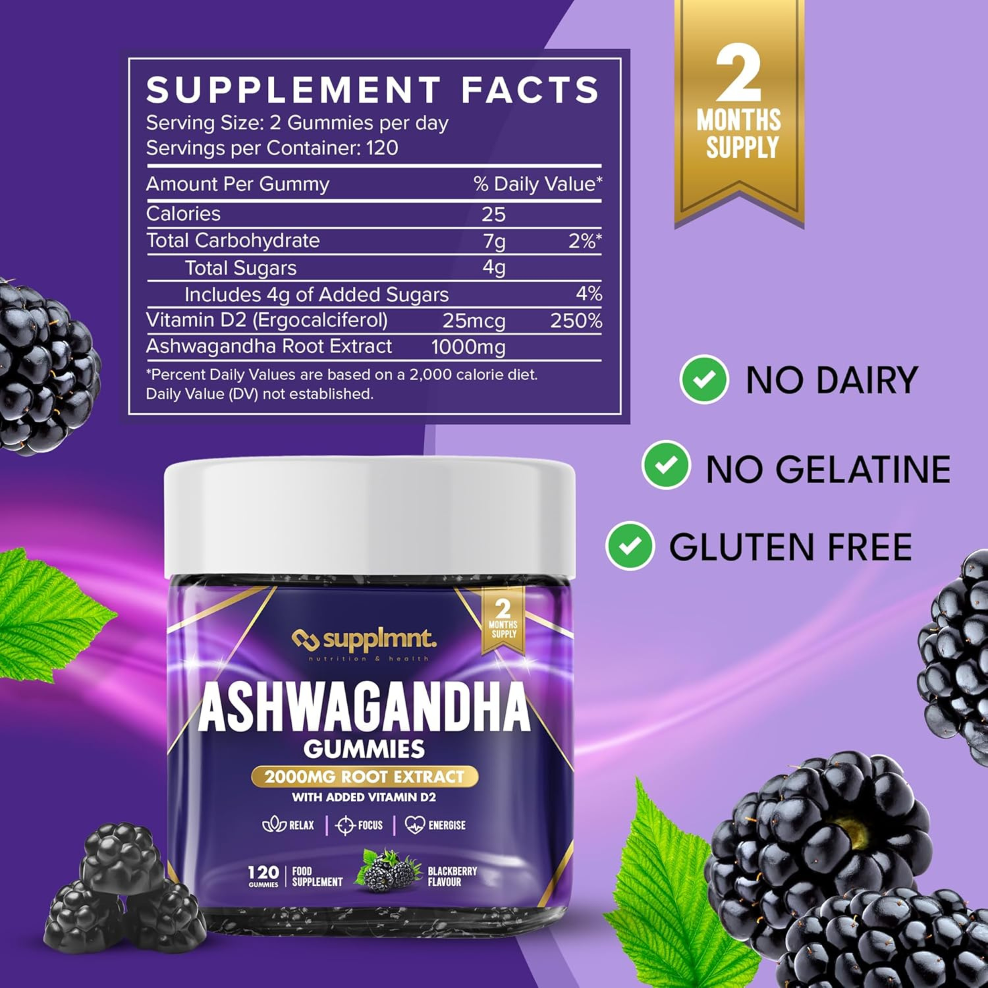 Ashwagandha Gummies, 2000mg with Vitamin D2 | 120 Gummies - 2 Months Supply, BlackBerry Flavour Ashwagandha High Strength Root Extract Supplement, Alternative to Capsules. Gluten-Free - supplmnt