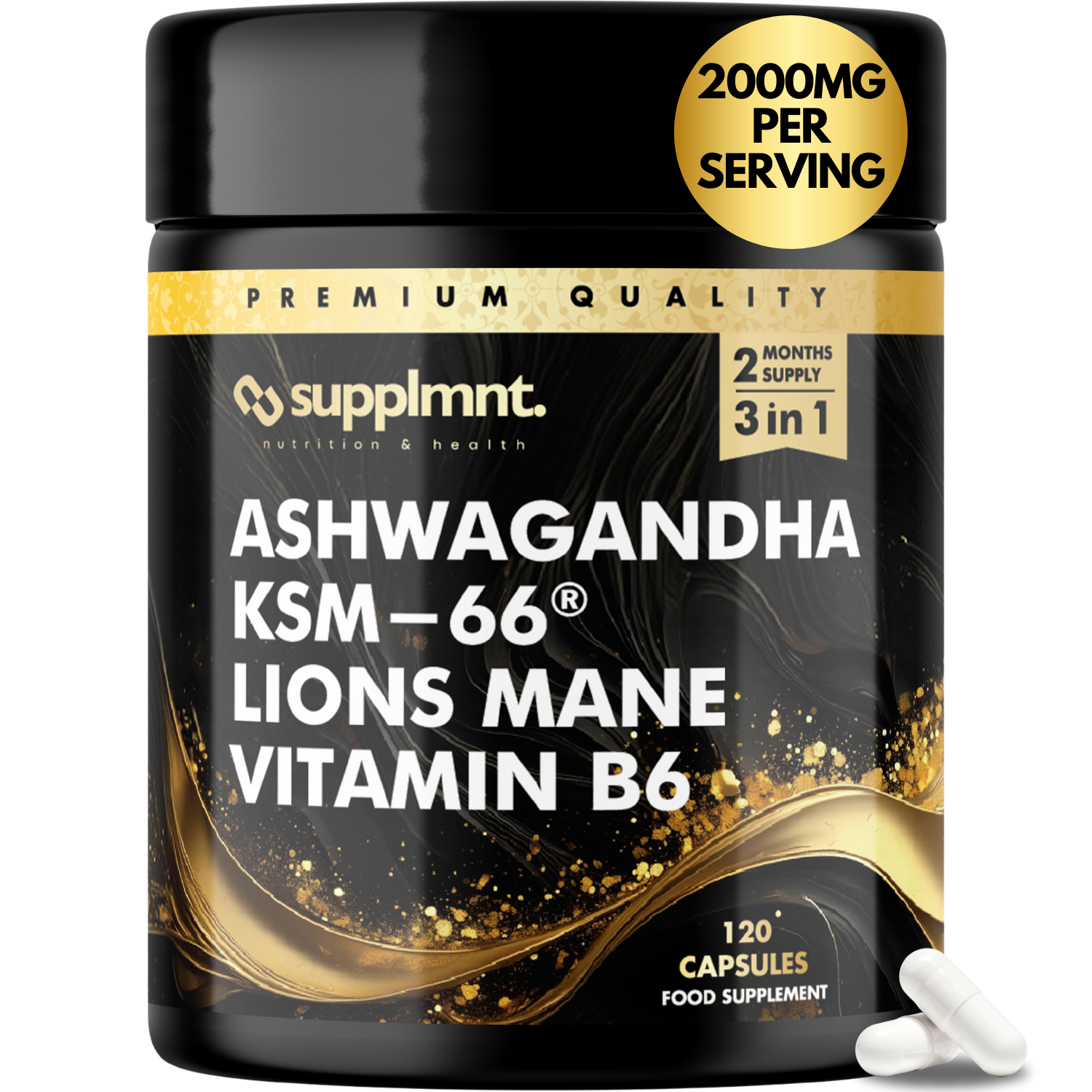 Ashwagandha KSM-66, Lions Mane & Vitamin B6 Capsules - High Strength 2000mg KSM-66 Ashwaghandha Root Extract & Lions Mane Mushroom with Vitamin B6 2-120 Vegan Capsules with Black Pepper - 2 Months - supplmnt