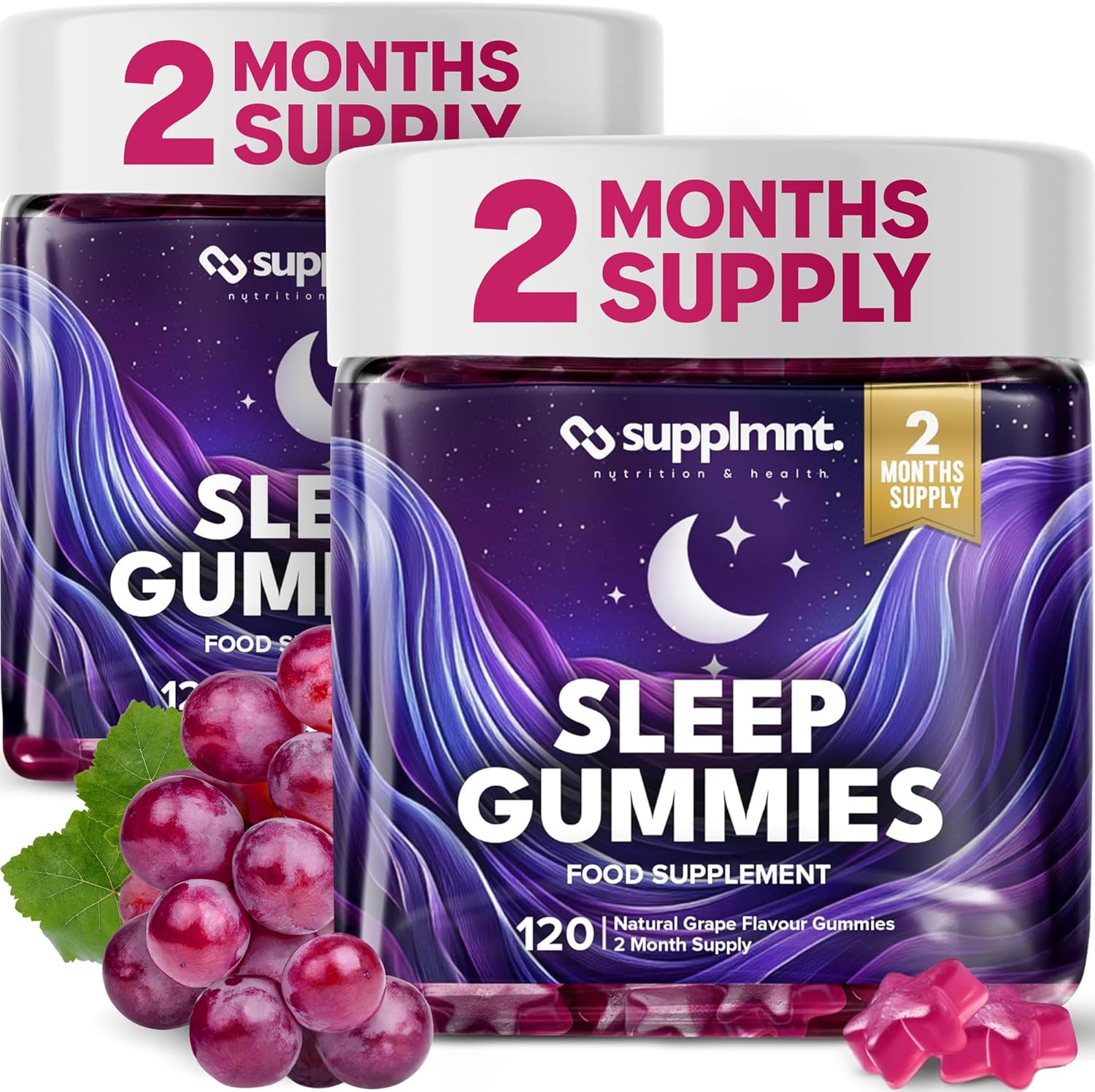 Supplmnt. Sleep Gummies for Adults | 4-Month Supply Sugar Free, Vegan – with Natural 5HTP Griffonia Seed & Valerian Root Extract, Magnesium, L-Theanine, Glycine | Grape Flavour Sleep Supplement, 120ct